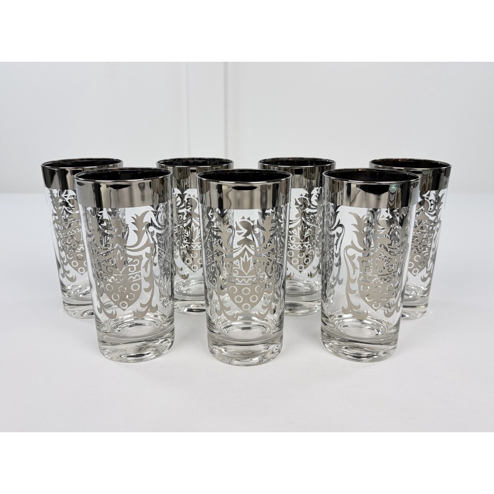 7 Vintage Kimiko Knight Shield Silver Highball Glasses Set Mid Century Barware